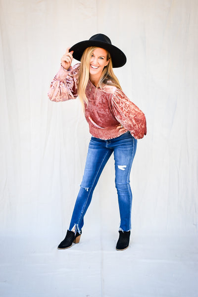 Burning Love Crushed Velvet Smocked Waist Top