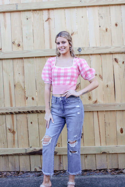 Lovely In Gingham Puff Sleeve Sweater - Pink