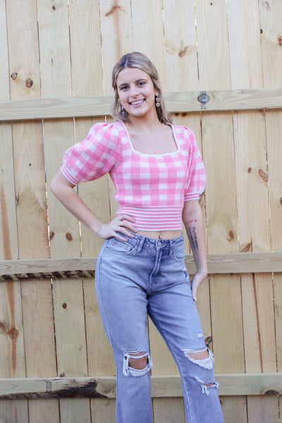 Lovely In Gingham Puff Sleeve Sweater - Pink