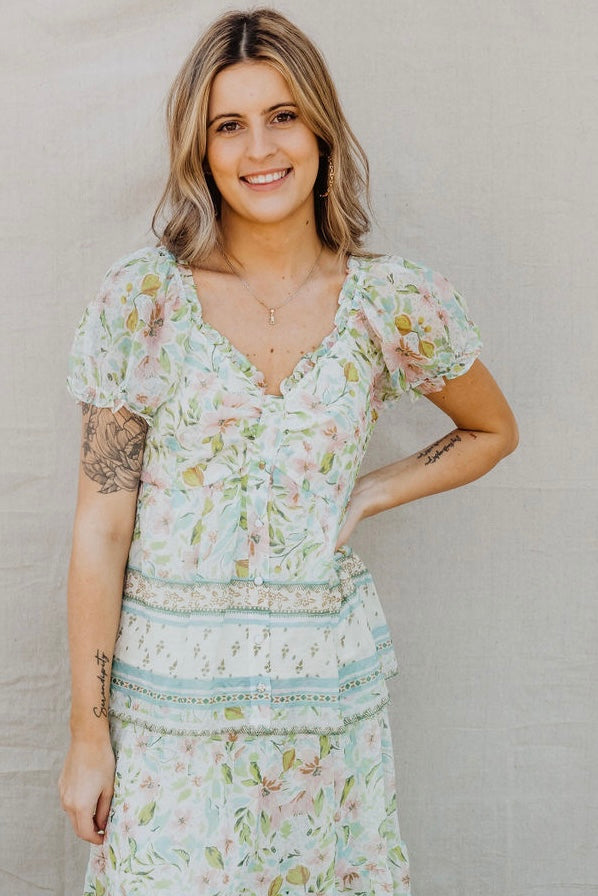 Blossom Babe Floral Print Ruffled Top - Mint Green